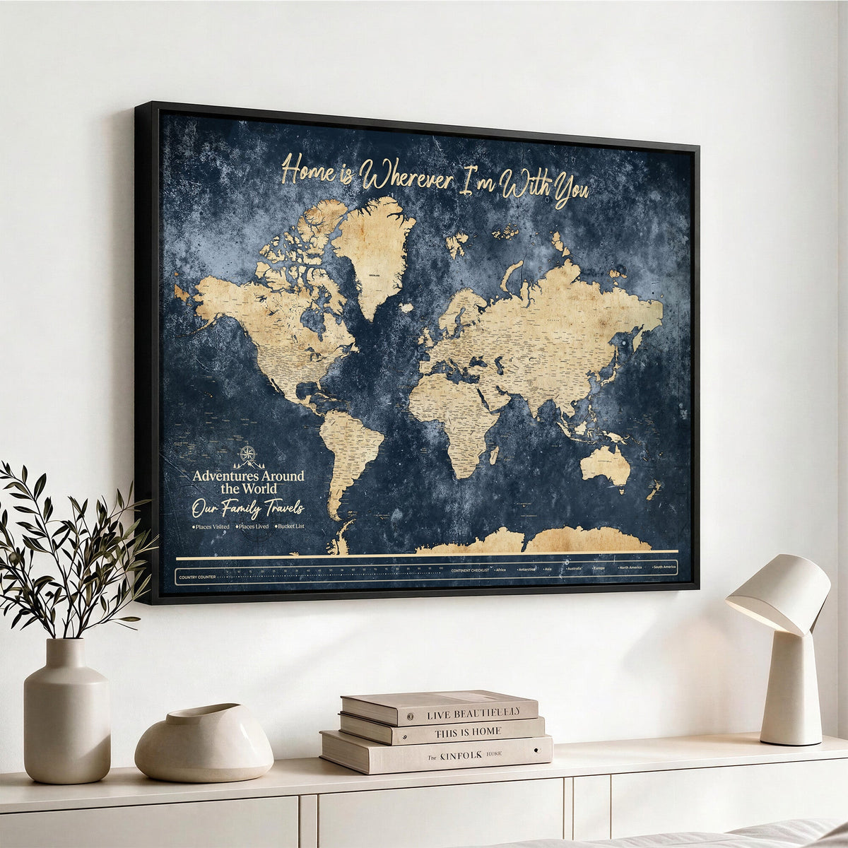 98668848-MGV-CV-36X24 - Our Family Adventures Push Pin World Map Wall Art Canvas Print - Family Travel Tracker Map with Pins