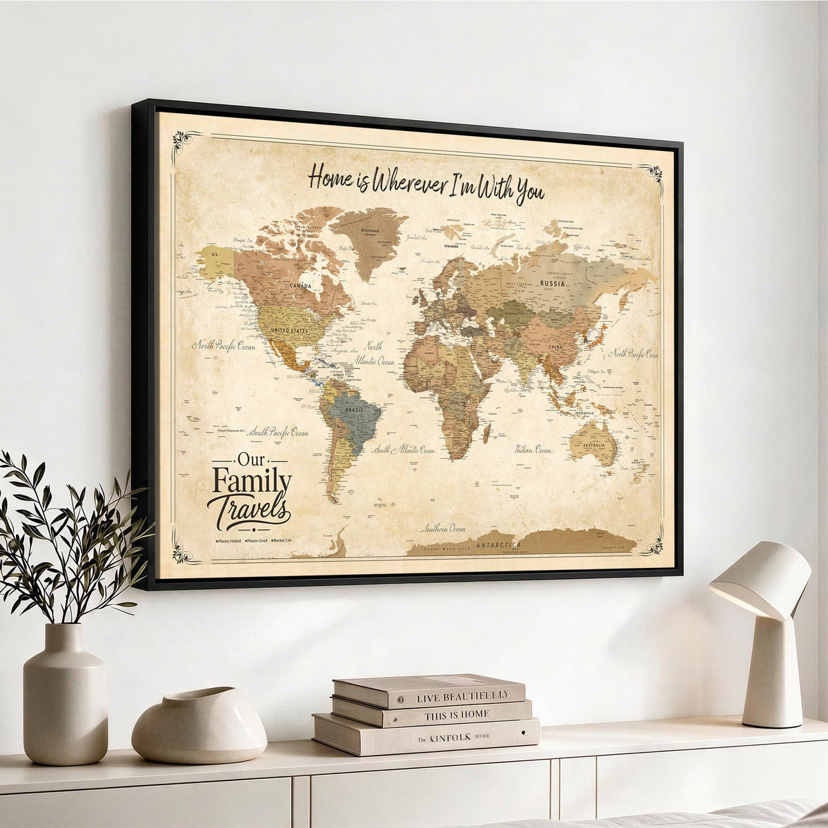 94272126-MGV-CV-36X24 - Our Family Adventures Push Pin World Map Wall Art Canvas Print - Family Travel Tracker Map with Pins