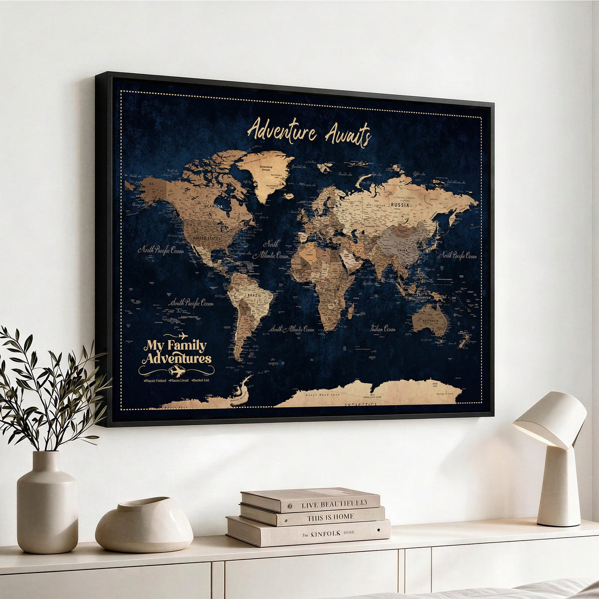 82827666-MGV-CV-36X24 - Our Family Adventures Push Pin World Map Wall Art Canvas Print - Family Travel Tracker Map with Pins