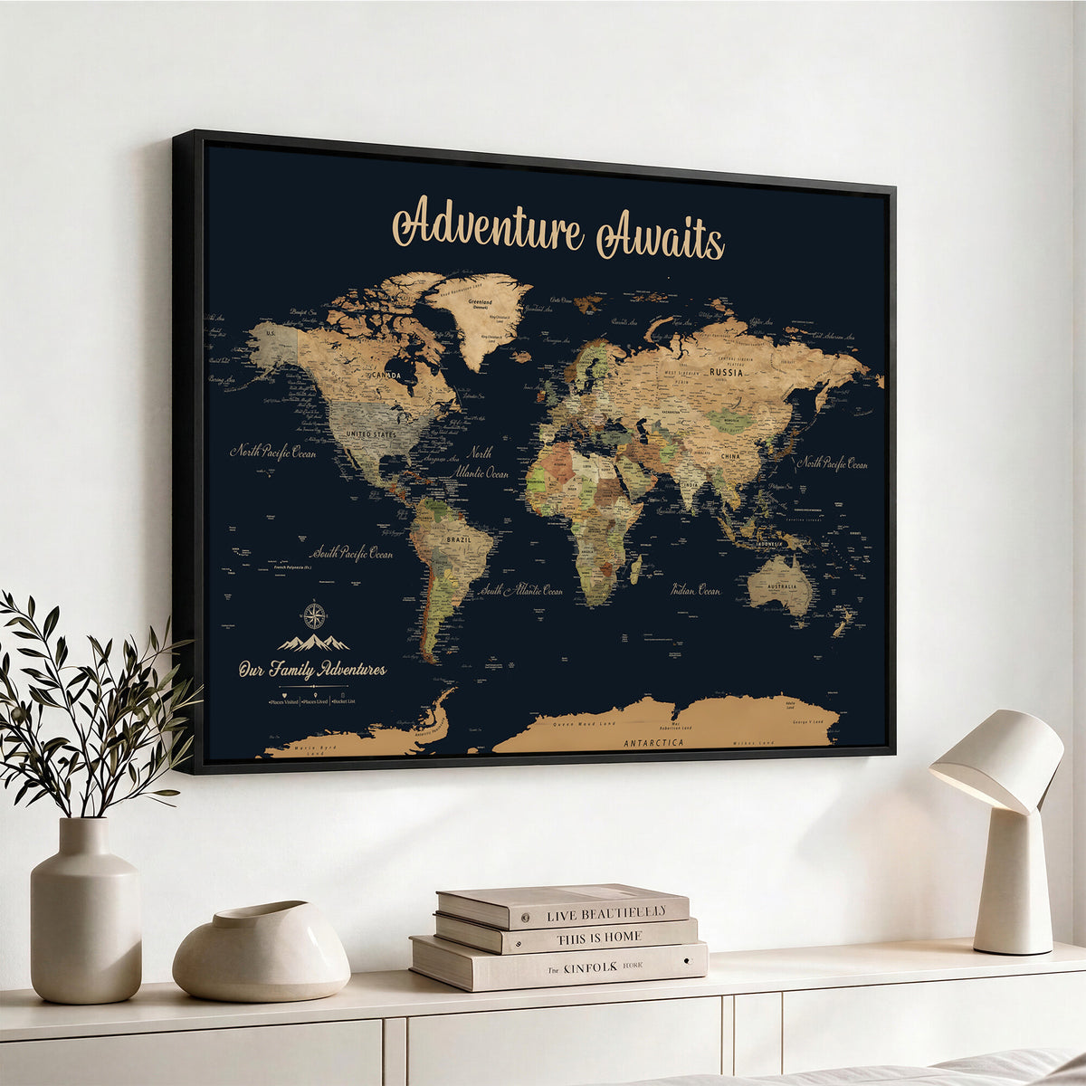 88994085-MGV-CV-36X24 - Our Family Adventures Push Pin World Map Wall Art Canvas Print - Family Travel Tracker Map with Pins