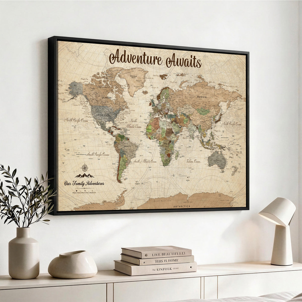 12264959-MGV-CV-36X24 - Our Family Adventures Push Pin World Map Wall Art Canvas Print - Family Travel Tracker Map with Pins