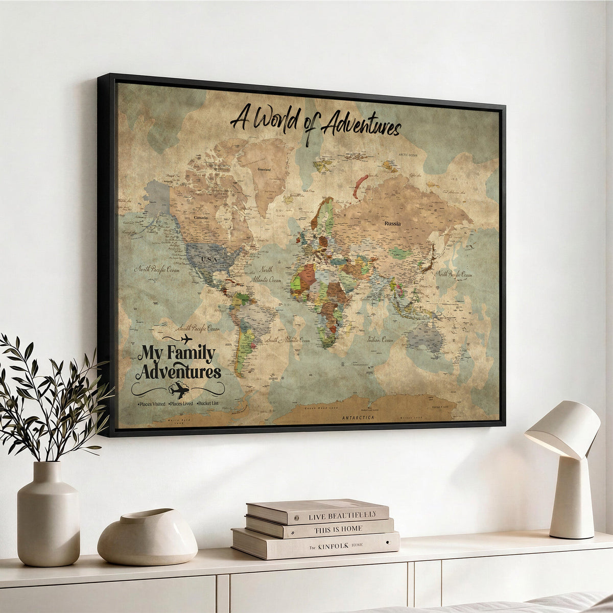 57377793-MGV-CV-36X24 - Our Family Adventures Push Pin World Map Wall Art Canvas Print - Family Travel Tracker Map with Pins