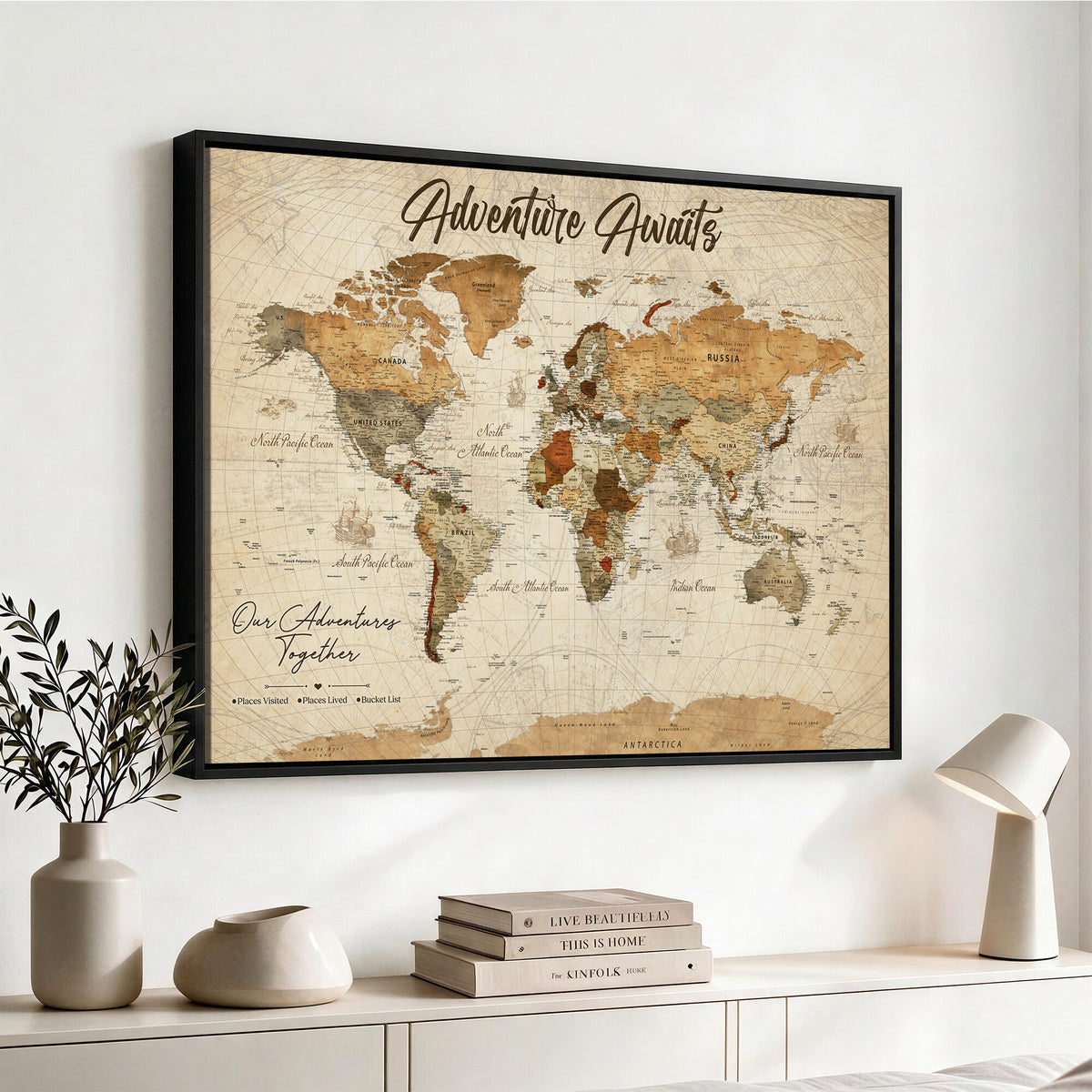 94237870-MGV-CV-36X24 - Our Family Adventures Push Pin World Map Wall Art Canvas Print - Family Travel Tracker Map with Pins