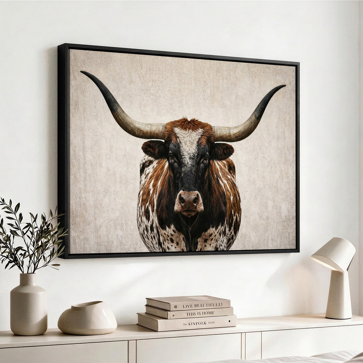 58622065-MGV-CV-36X24 - Texas Longhorn Canvas Wall Art Western Bull Desert Moody Grey Overcast Rustic Farmhouse Framed Large for Living Room Bedroom Office Decor