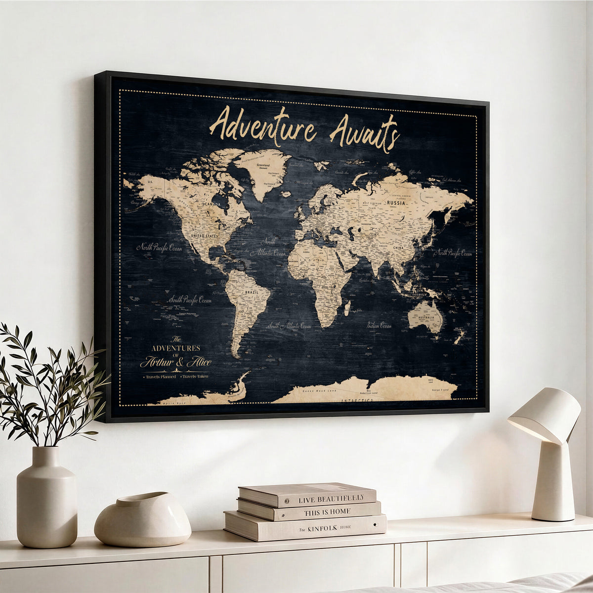 688173822-MGV-CV-36X24 - Extra Large Vintage Personalized Push Pin World Map Wall Art Canvas Print