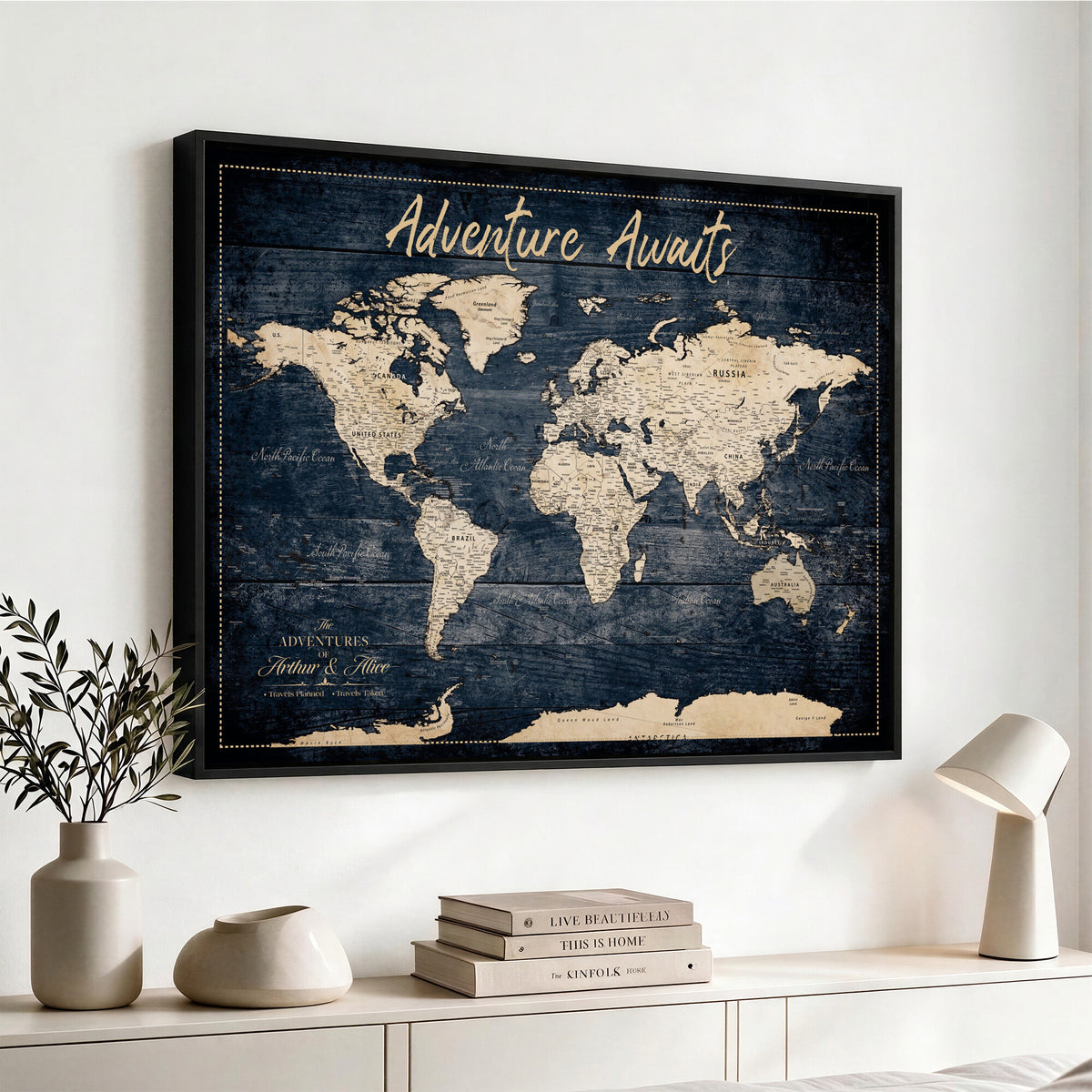 68817382-MGV-CV-36X24 - Extra Large Vintage Personalized Push Pin World Map Wall Art Canvas Print