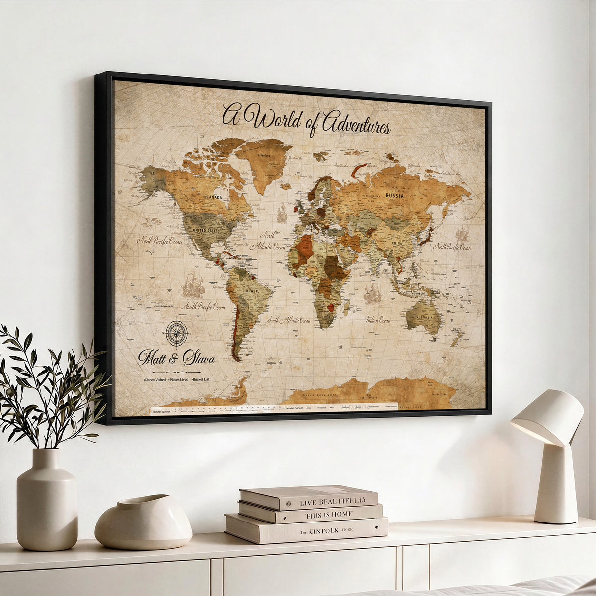 88768647-MGV-CV-36X24 - Extra Large Framed Personalize Push Pin World Map Wall Art Canvas Print for Travel Tracking