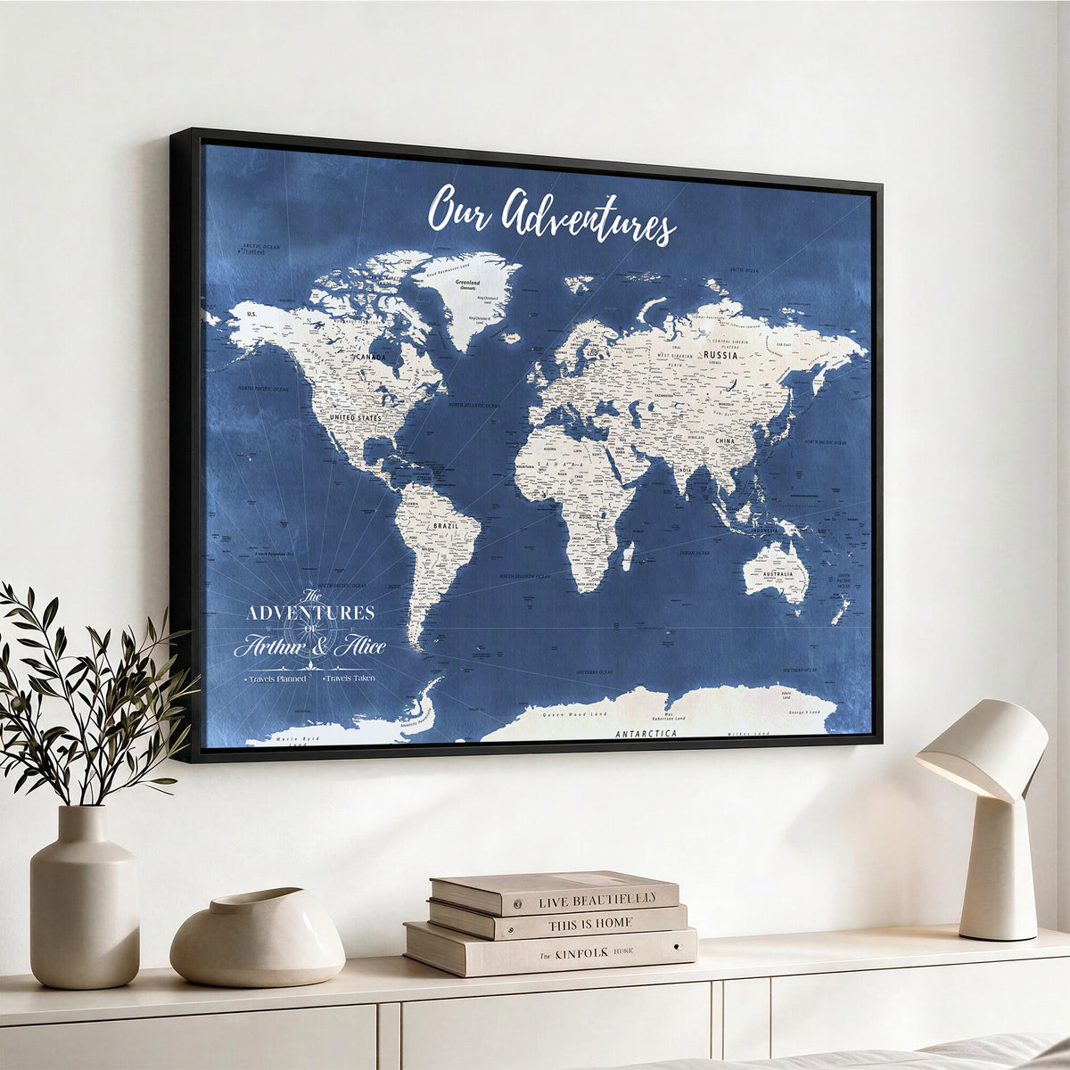 75405527-MGV-CV-36X24 - Extra Large Framed Personalize Push Pin World Map Wall Art Canvas Print for Travel Tracking