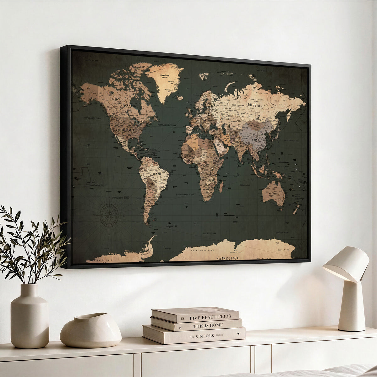 42327656-MGV-CV-36X24 - Extra Large Framed Personalize Push Pin World Map Wall Art Canvas Print for Travel Tracking