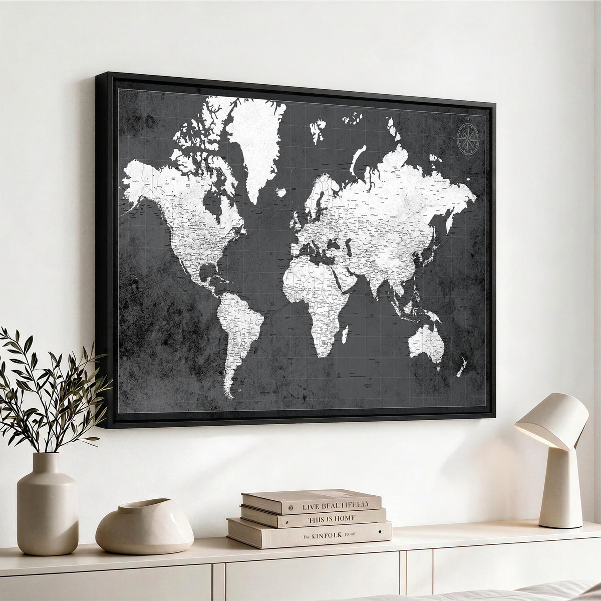 78574966-MGV-CV-36X24 - Extra Large Framed Personalize Push Pin World Map Wall Art Canvas Print for Travel Tracking