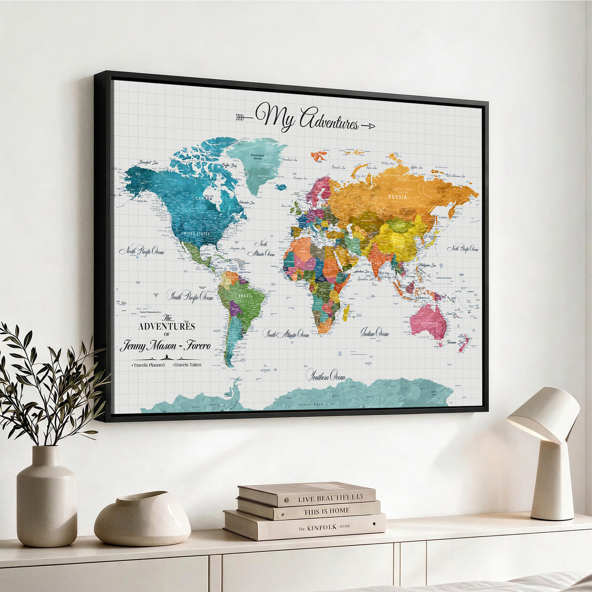 66743043-MGV-CV-36X24 - Extra Large Framed Personalize Push Pin World Map Wall Art Canvas Print for Travel Tracking