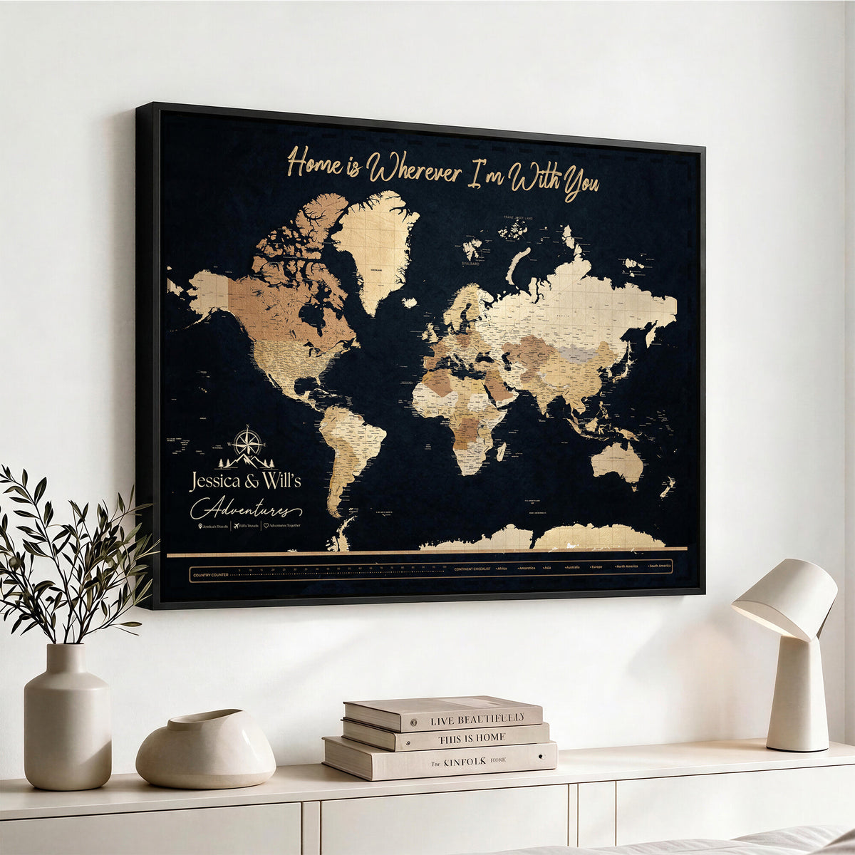 43430657-MGV-CV-36X24 - Extra Large Framed Personalize Push Pin World Map Wall Art Canvas Print for Travel Tracking