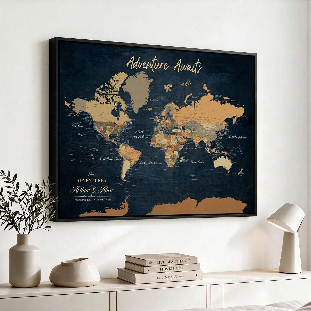 13350960-MGV-CV-36X24 - Extra Large Framed Personalize Push Pin World Map Wall Art Canvas Print for Travel Tracking