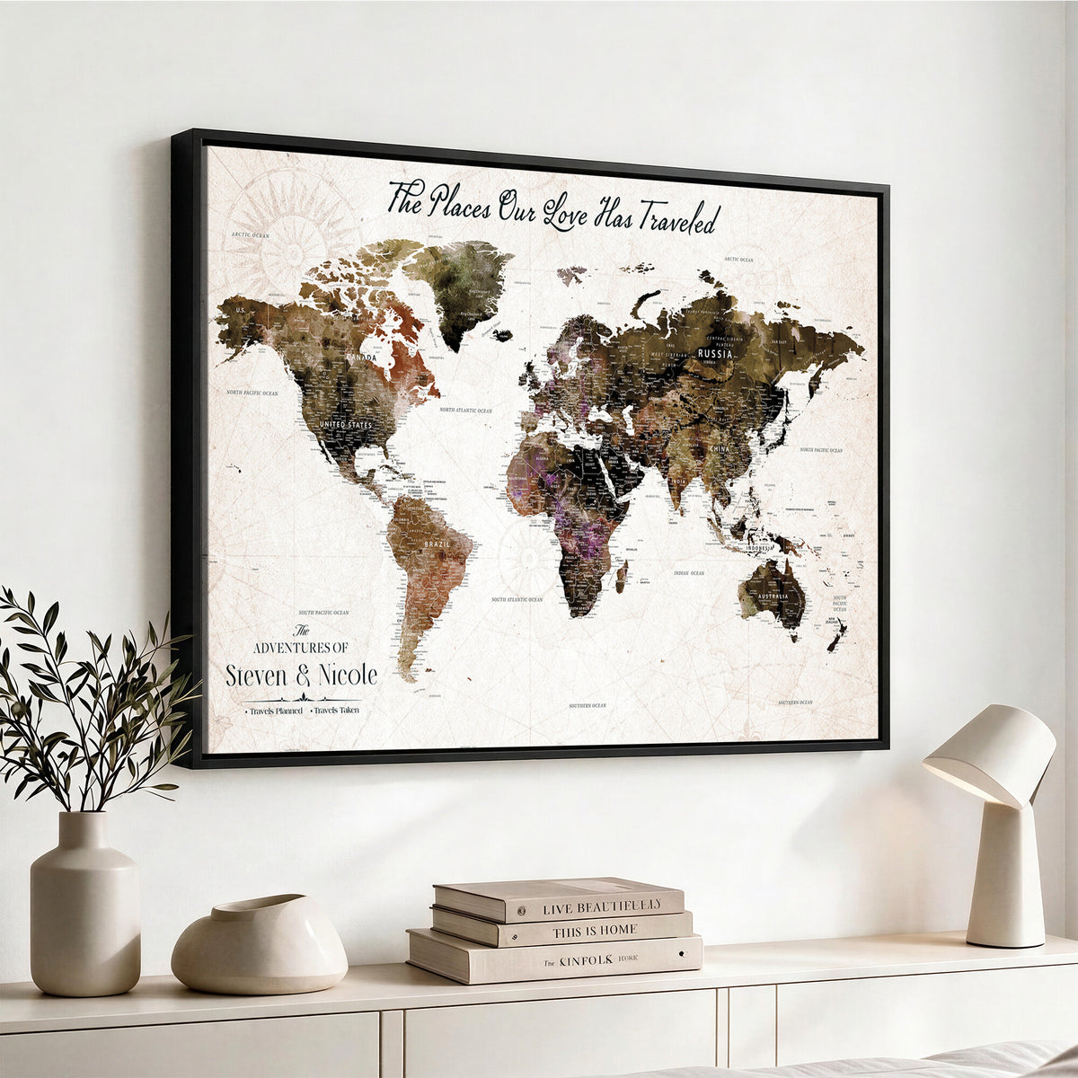 18074626D3D-MGV-CV-36X24 - Extra Large Framed Personalize Push Pin World Map Wall Art Canvas Print for Travel Tracking NEWMAP - 015