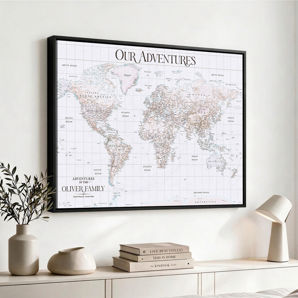 18074626D3DD-MGV-CV-36X24 - Extra Large Framed Personalize Push Pin World Map Wall Art Canvas Print for Travel Tracking NEWMAP - 015
