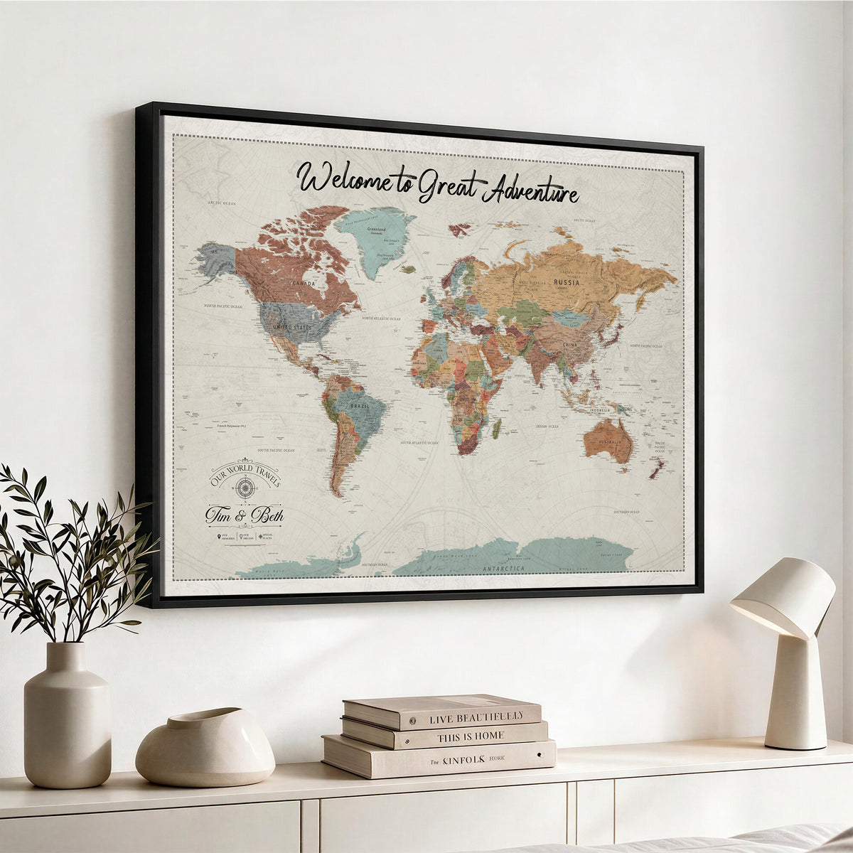 NEWMAP-19-MGV-CV-36X24 - World Map Wall Art Canvas Print, Modern Decorative Framed Map Artwork Prints for Living Room, Office, Bedroom Wall Decor
