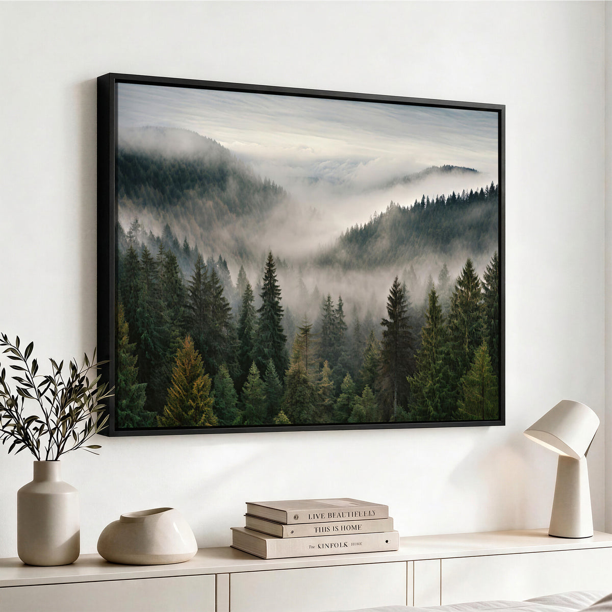 38409495-_Poster-30x20 - Misty Pine Valley Mountain Canvas Print 3 Piece Framed Wall Art Extra Large Floating Frame Nature Poster Made in USA