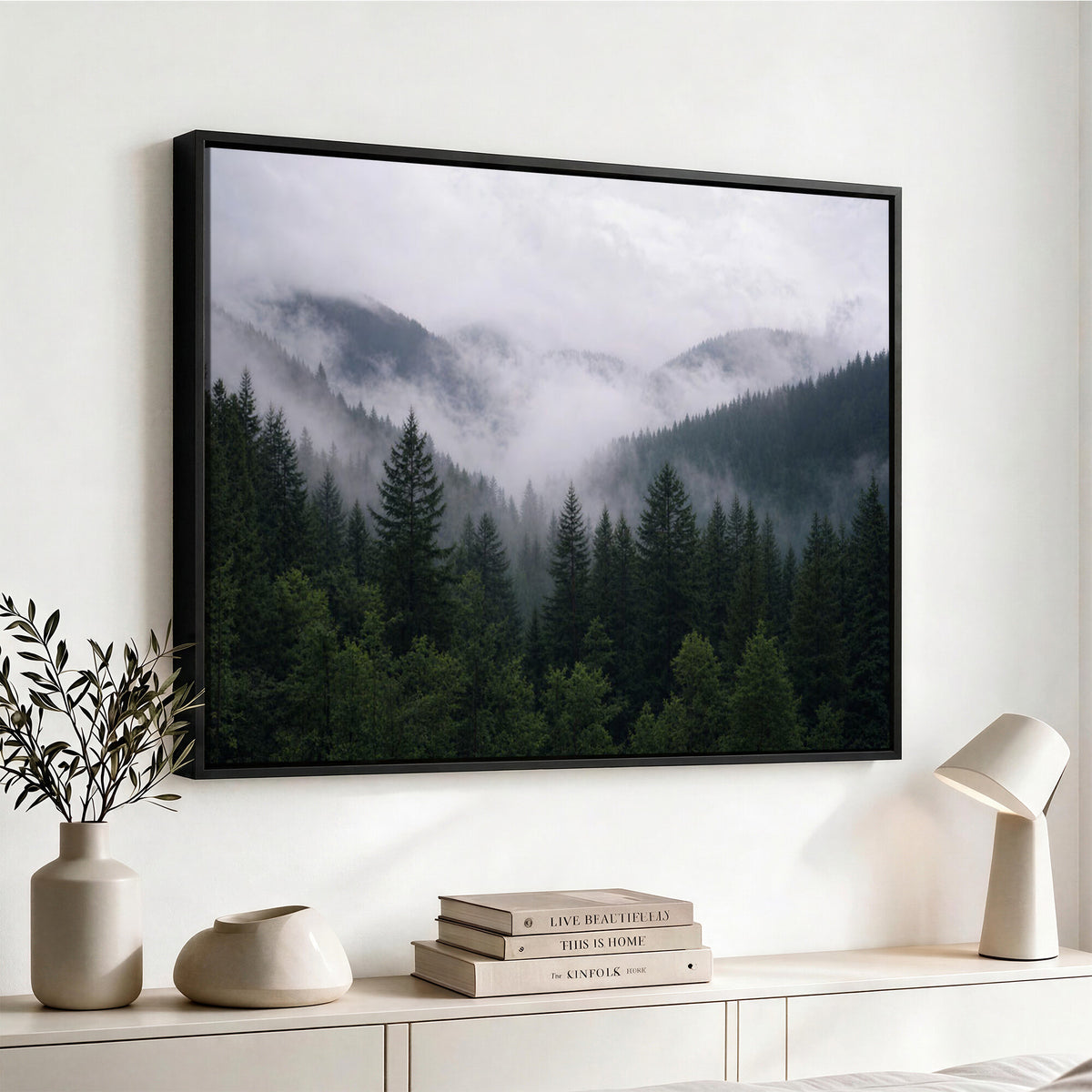 25432119-_Poster-30x20 - Misty Mountain Pine Forest Canvas Print 3 Piece Framed Wall Art Extra Large Floating Frame Nature Poster Made in USA