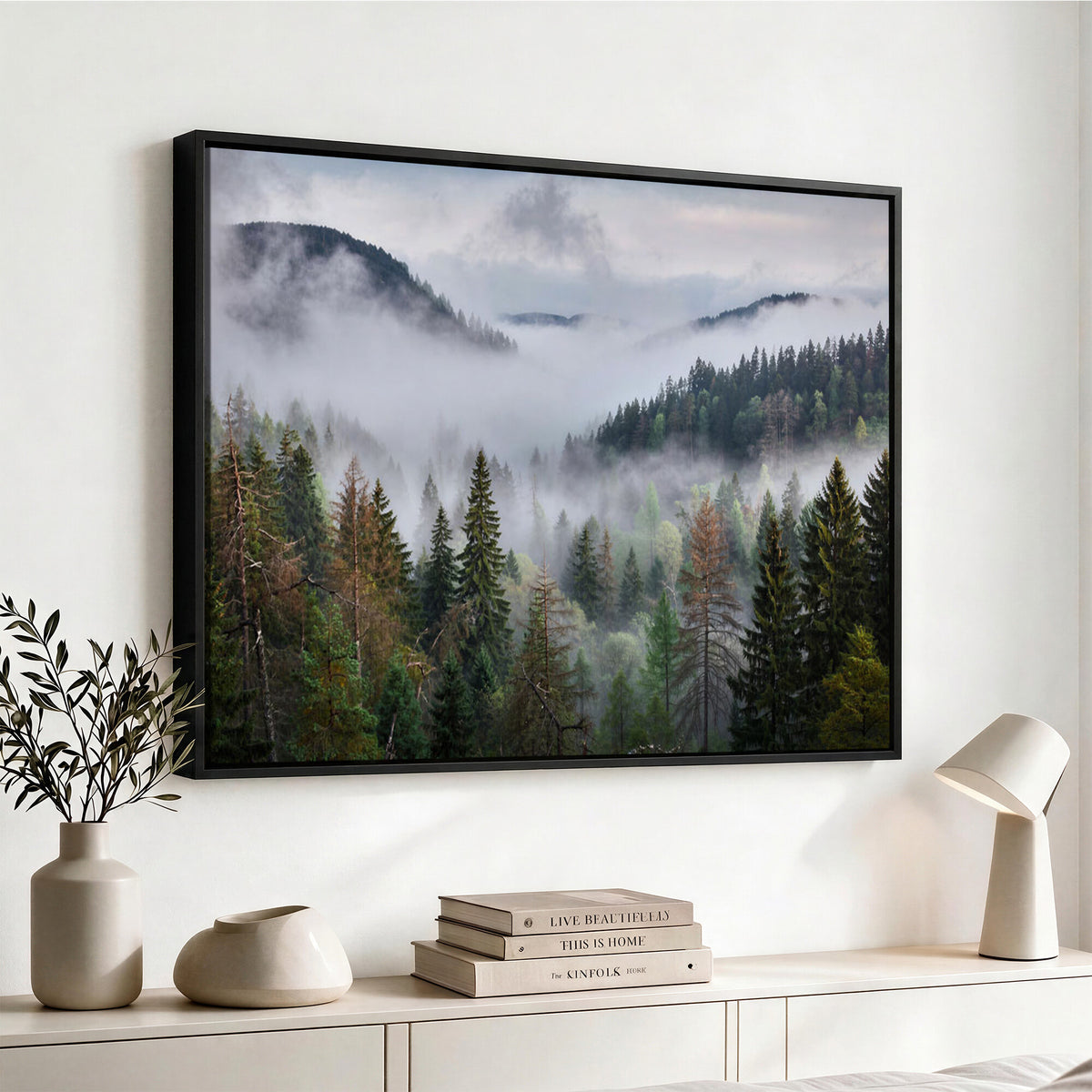 18735847-_Poster-30x20 - Foggy Pine Forest Mountain Canvas Print 3 Piece Framed Wall Art Extra Large Floating Frame Nature Poster Made in USA