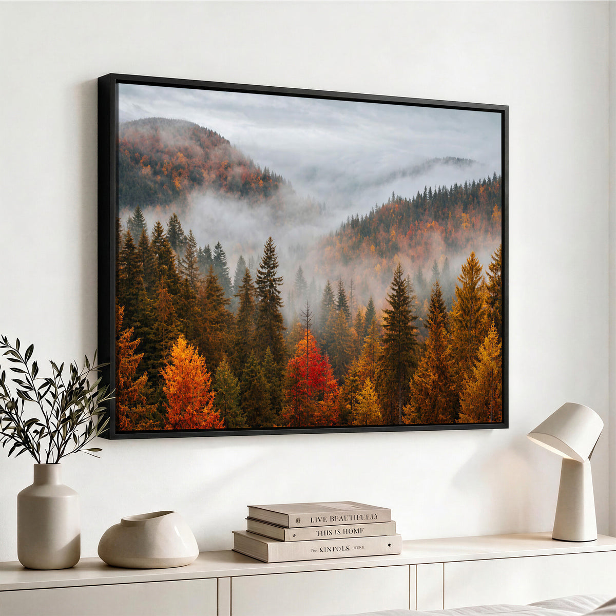 87481341-_Poster-30x20 - Foggy Autumn Mountain Canvas Print Smoky Pine Forest Wall Art Panoramic Nature Poster 3 Piece Made in USA