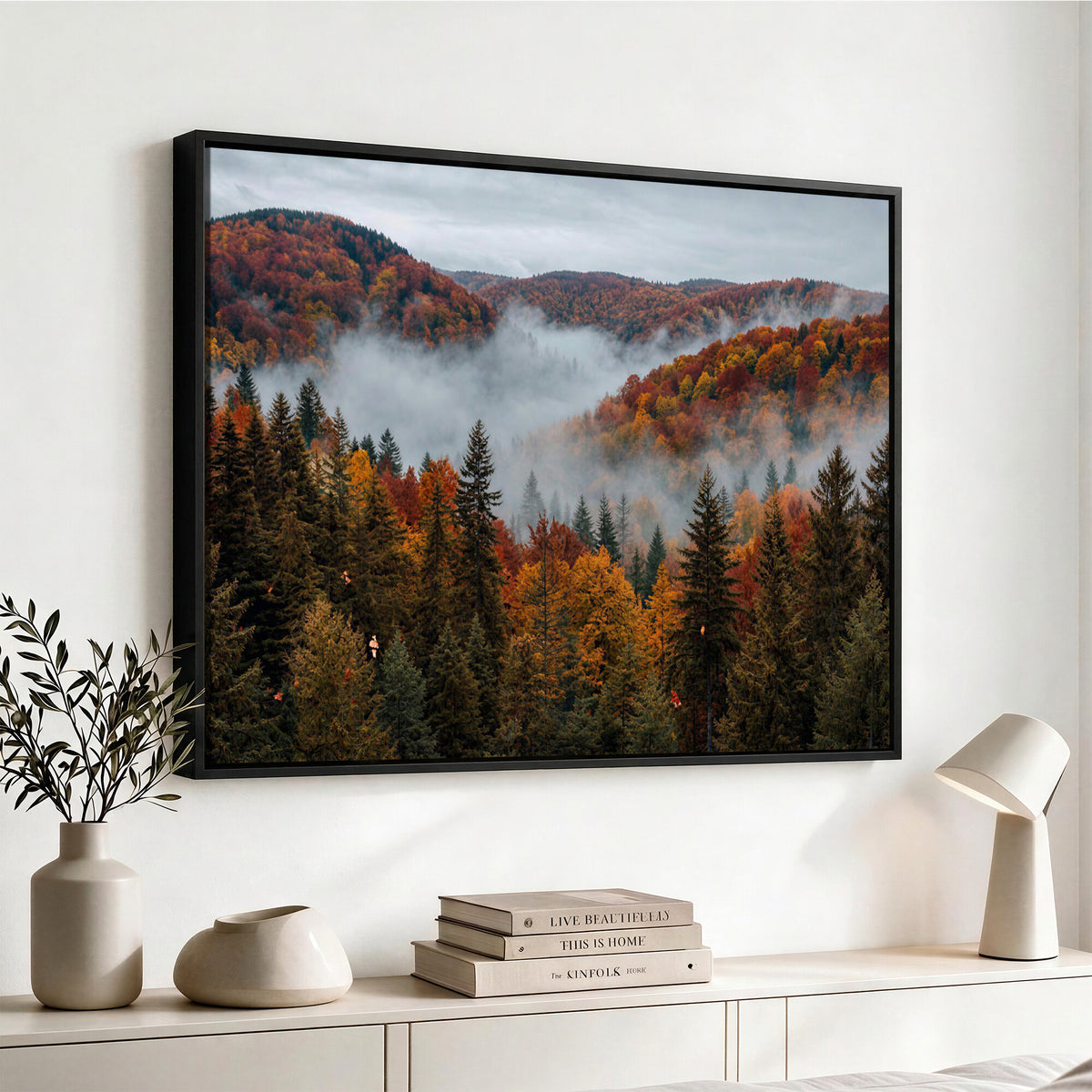 26686263-_Poster-30x20 - Misty Autumn Forest Mountain Canvas Print 3 Panel Wall Art Gallery Wrapped Floating Frame Poster Made in USA