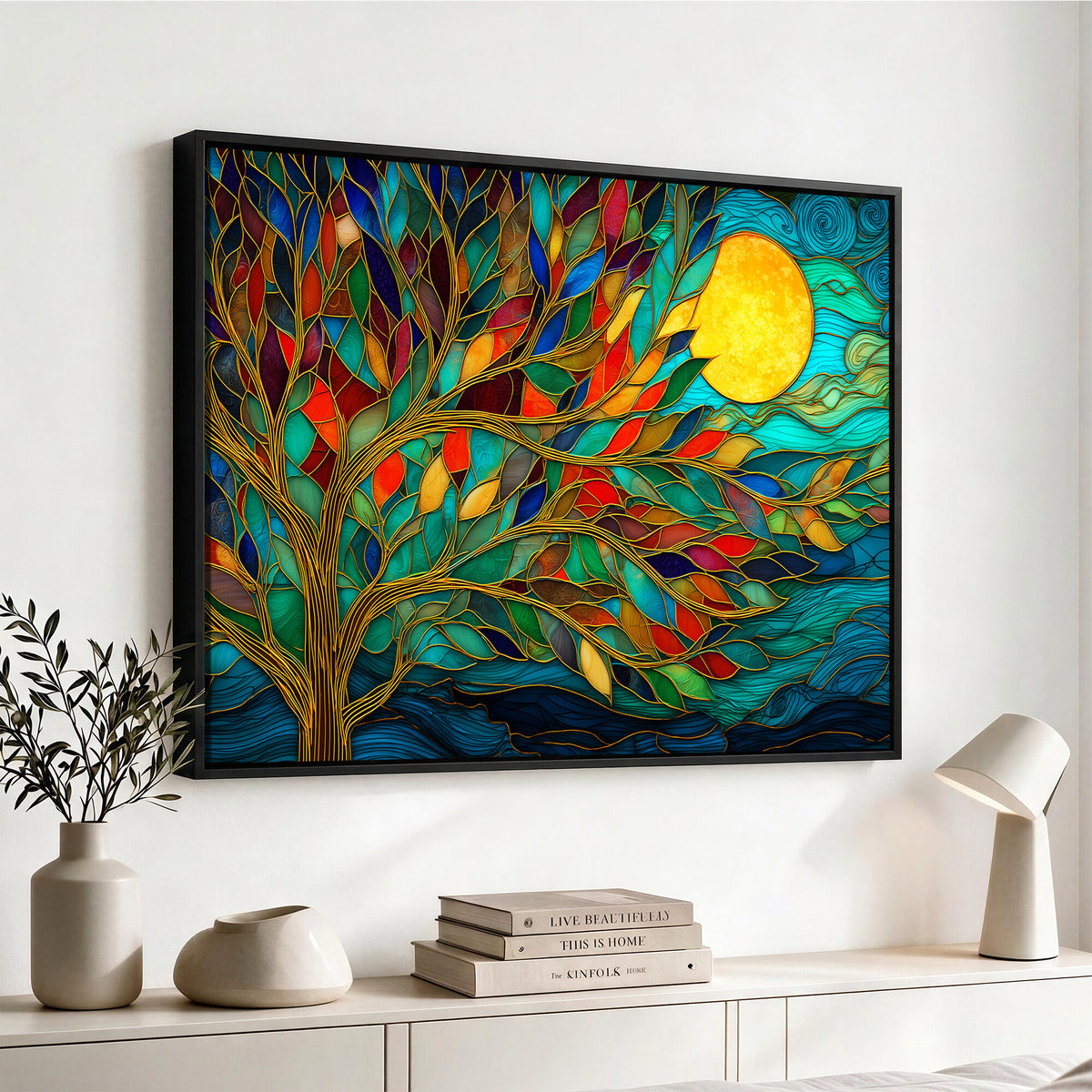 11877152-MGV-CV-36X24 - Stained Glass Tree Of Life Wall Art - Vibrant Mosaic Nature Home Decor