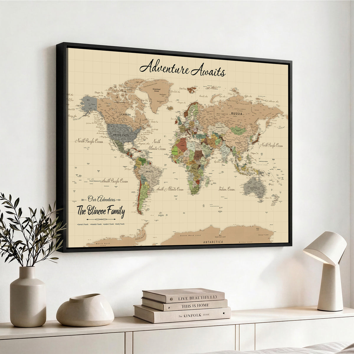 25730261D-MGV-CV-36X24 - Custom Push Pin World Map Wall Art Canvas Print | Personalized Travel Tracker with Pins Framed Large for Home and Office Decor