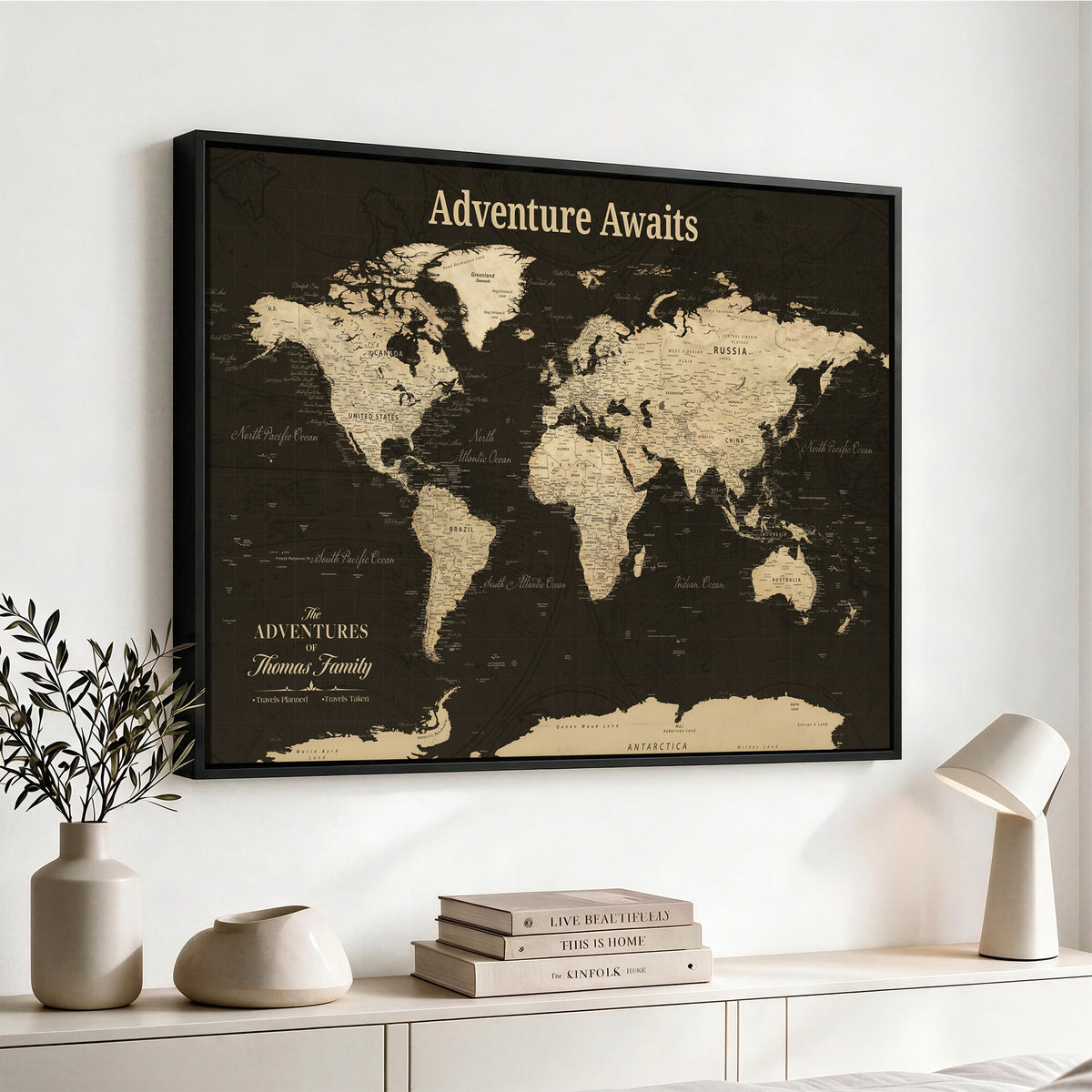 47597338D-MGV-CV-36X24 - Custom Push Pin World Map Wall Art Canvas Print | Personalized Travel Tracker with Pins Framed Large for Home and Office Decor