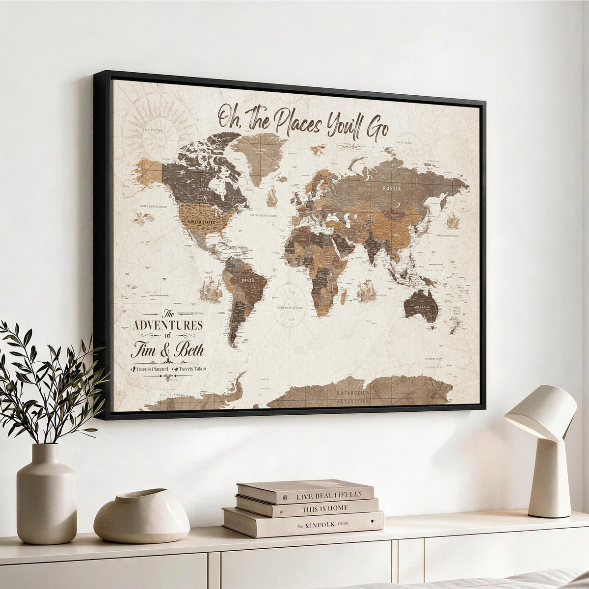 NEWMAP-8D-MGV-CV-36X24 - Custom Push Pin World Map Wall Art Canvas Print | Personalized Travel Tracker with Pins Framed Large for Home and Office Decor - NEWMAP-8
