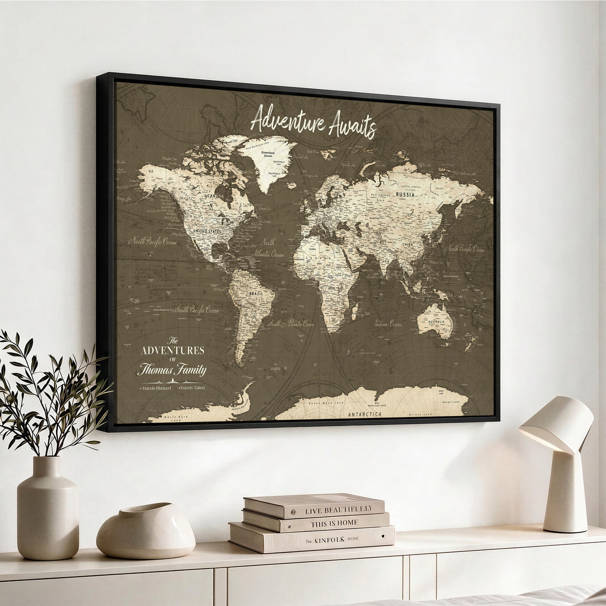 27762875D-MGV-CV-36X24 - Custom Push Pin World Map Wall Art Canvas Print | Personalized Travel Tracker with Pins Framed Large for Home and Office Decor