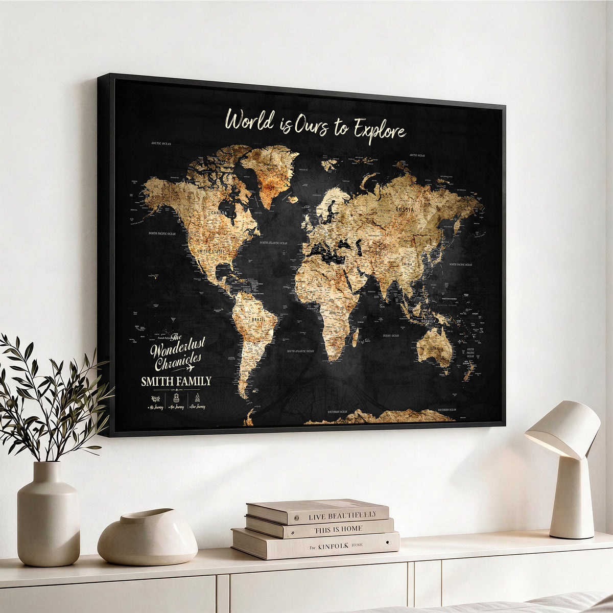 73732636D-MGV-CV-36X24 - Custom Push Pin World Map Wall Art Canvas Print | Personalized Travel Tracker with Pins Framed Large for Home and Office Decor