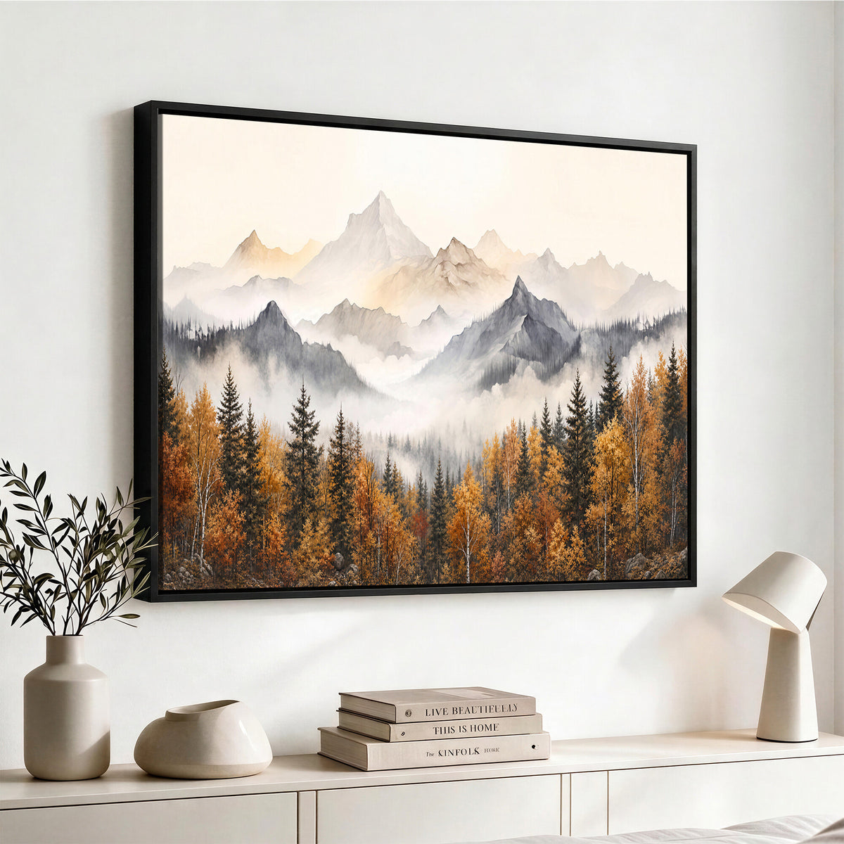 19544118-MGV-TP-30X20 - Misty Mountain Autumn Forest Canvas Wall Art - Watercolor Fall Nature Landscape Print
