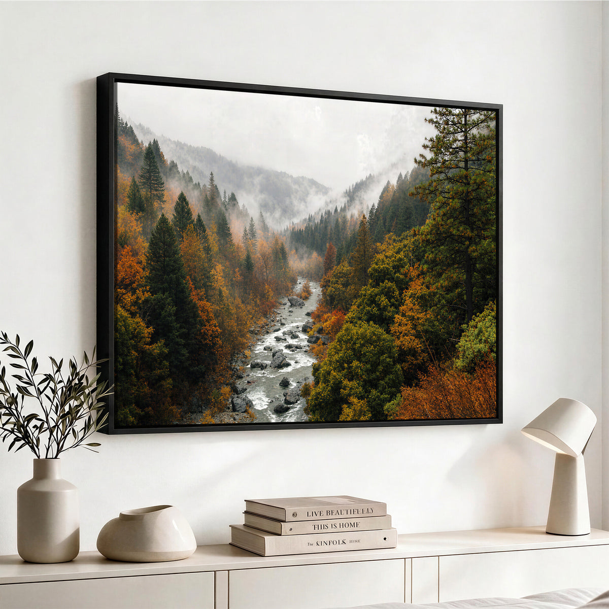 95540697-MGV-TP-30X20 - Misty River Mountain Valley Canvas Wall Art - Autumn Forest Landscape Nature Print