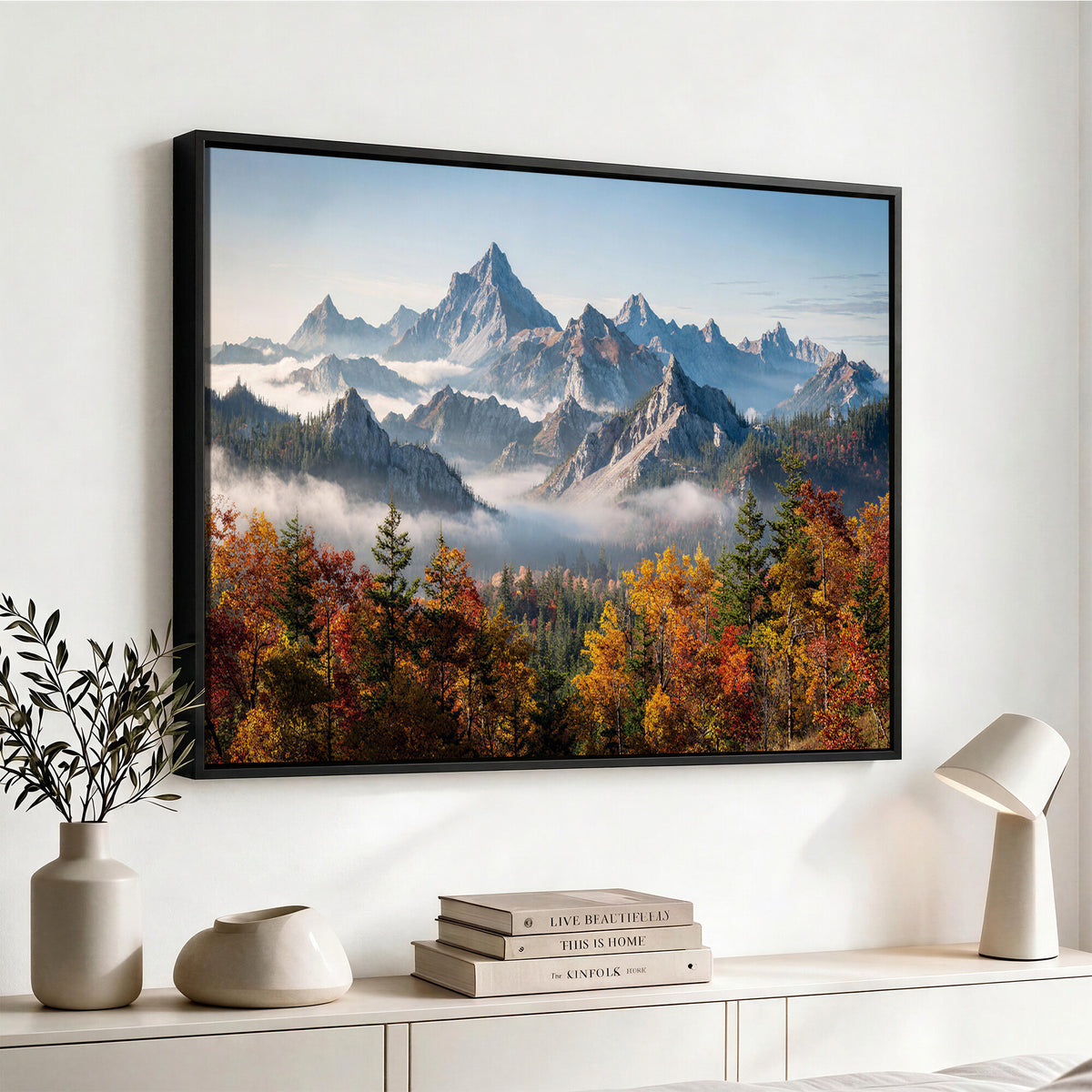 38847944-MGV-TP-30X20 - Majestic Mountain Peak Canvas Wall Art - Panoramic Autumn Forest Fog Landscape Print