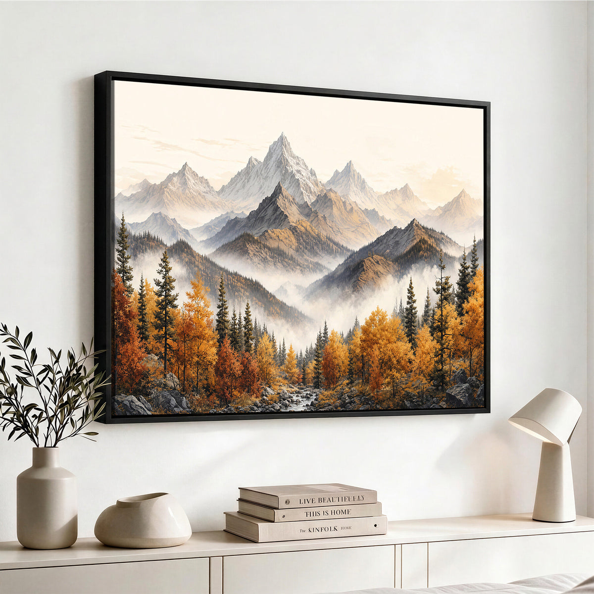 21309099-MGV-TP-30X20 - Extra Large Misty Mountain Autumn Forest Canvas Wall Art - Watercolor Fall Nature Landscape Print