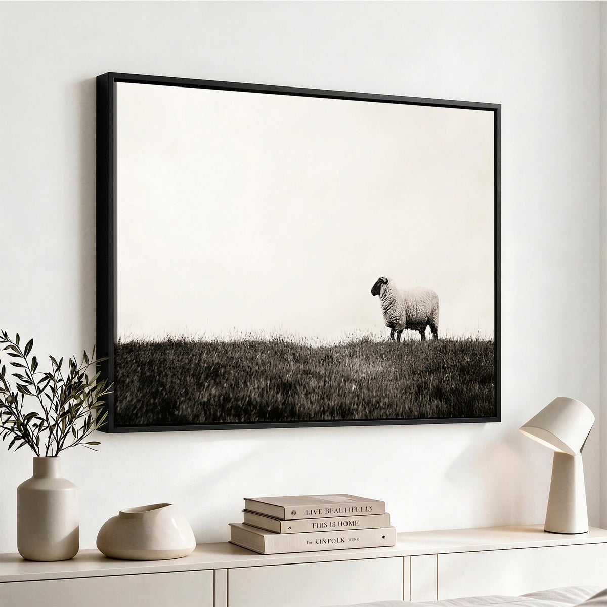 72749448-MGV-TP-30X20 - Minimalist Sepia Sheep Canvas Wall Art - Rustic Farmhouse Country Landscape Print