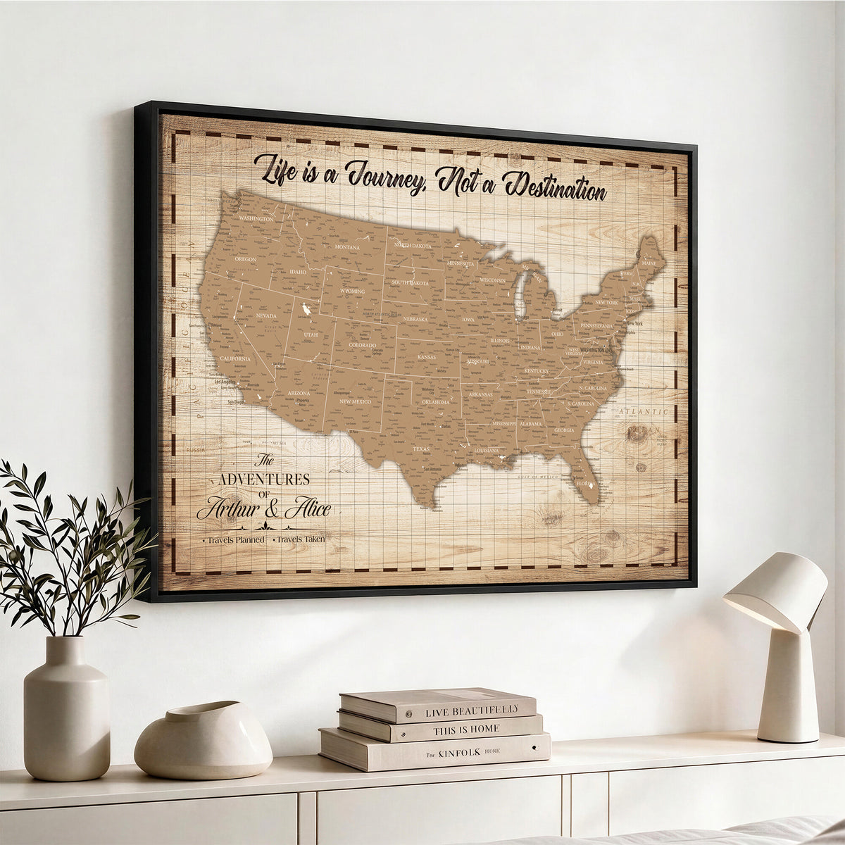 82934328-MGV-CV-36X24 - Custom USA Push Pin Travel Map Canvas Wall Art - Personalized Couples Gift Flat Digital Print
