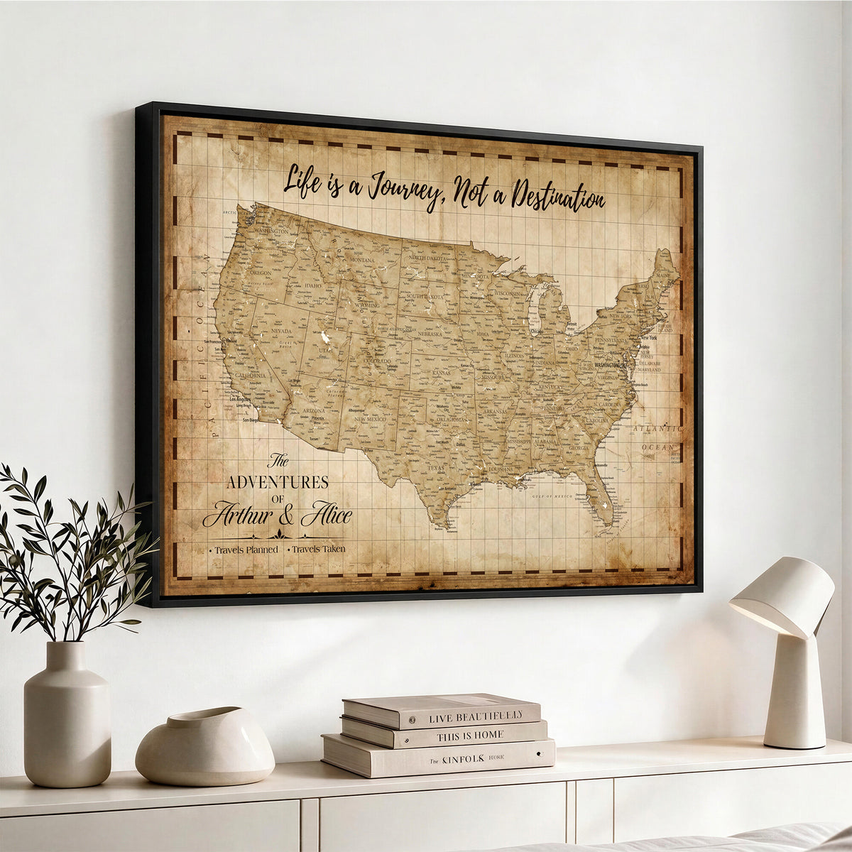 90686209-MGV-CV-36X24 - Custom USA Push Pin Travel Map Canvas Wall Art - Personalized Couples Gift Flat Digital Print