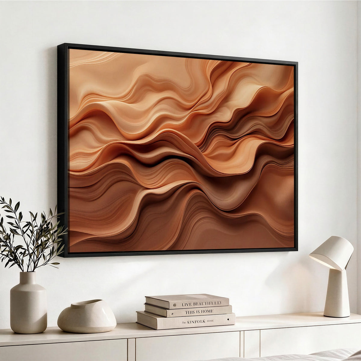 82230697-_Poster-30x20 - Modern Abstract Fluid Waves Canvas Wall Art - Minimalist Warm Terracotta Beige Sand Print