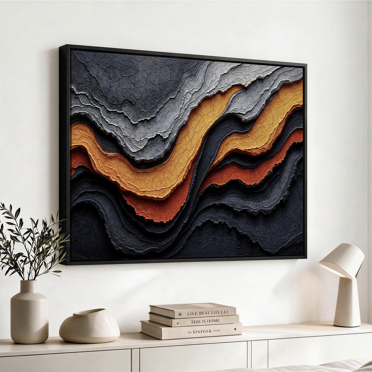59852489-MGV-CV-36X24 - Abstract Waves Canvas Wall Art - Modern Terracotta and Charcoal Gray Print