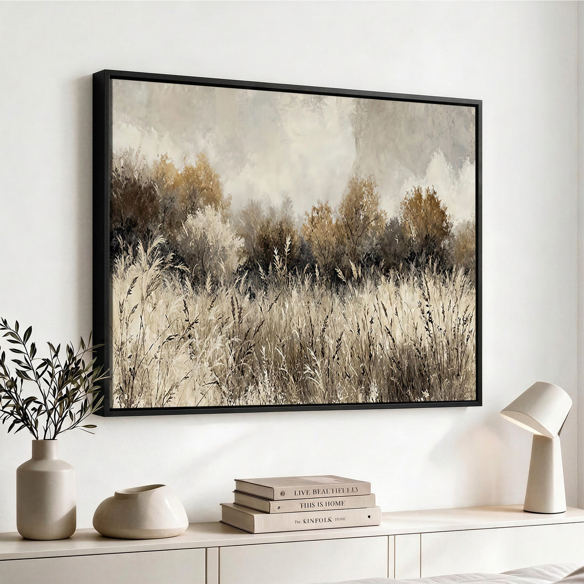 53959945-_Poster-30x20 - Muted Neutral Forest Landscape Canvas Wall Art - Vintage Rustic Wildflower Meadow Print