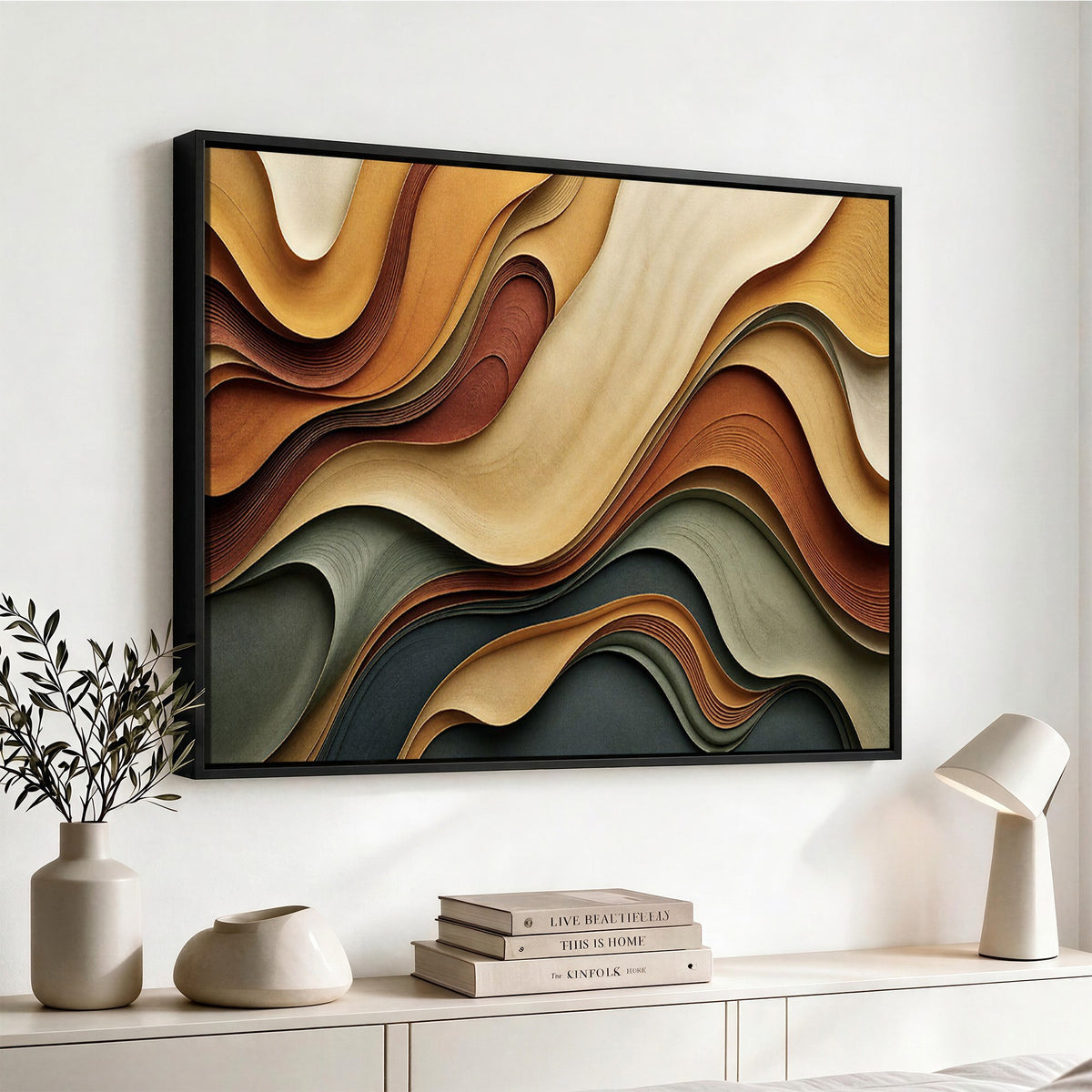 19337902-_Poster-30x20 - Modern Abstract Waves Canvas Wall Art - Minimalist Earthy Tone Living Room Decor