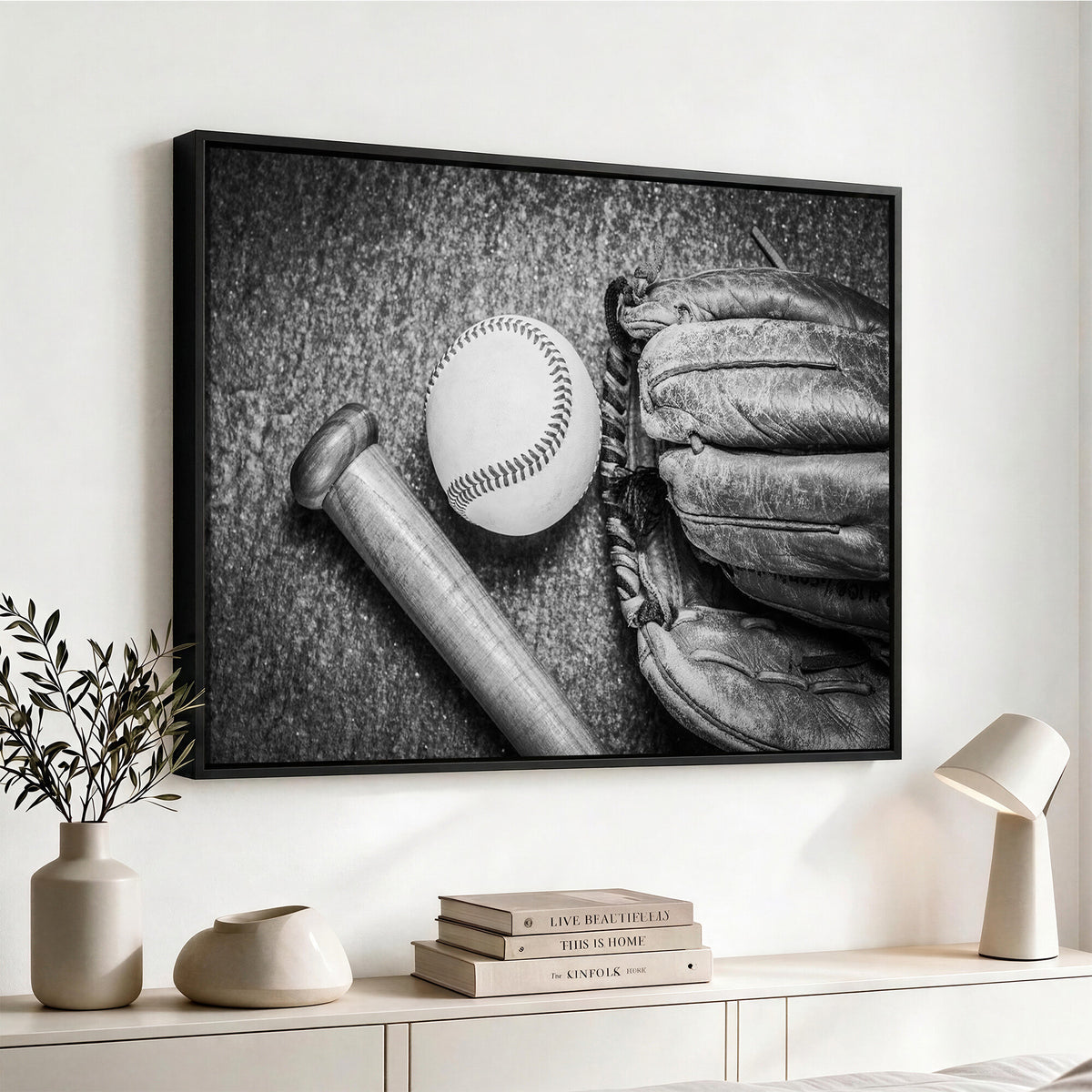 83916D-MGV-CV-36X24 - Vintage Baseball Glove and Bat Sports Wall Art Canvas Print