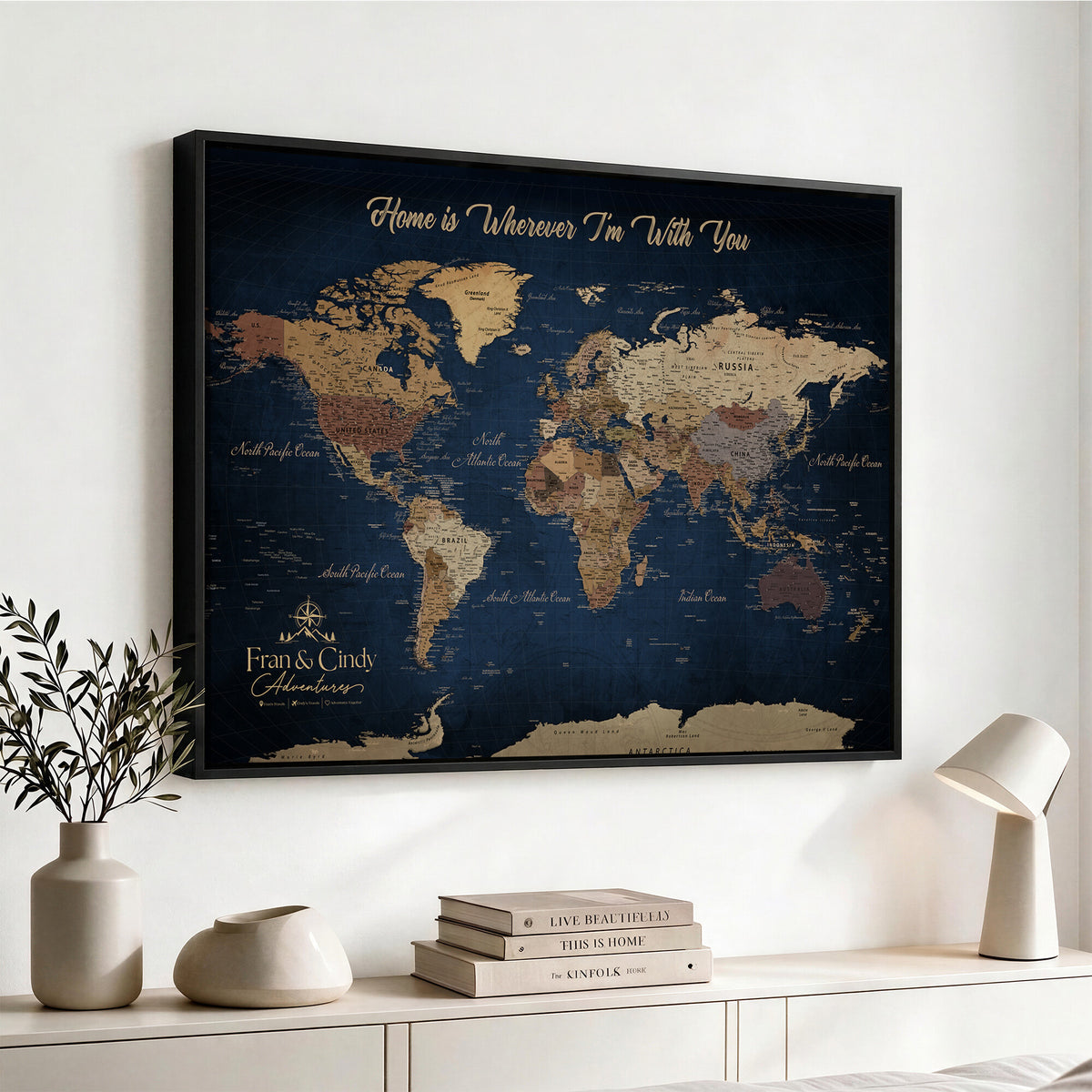 57774467-MGV-CV-36X24 - Custom Push Pin World Map Wall Art Canvas Print – Personalized Travel Tracker with Pins Framed Large for Home and Office Decor