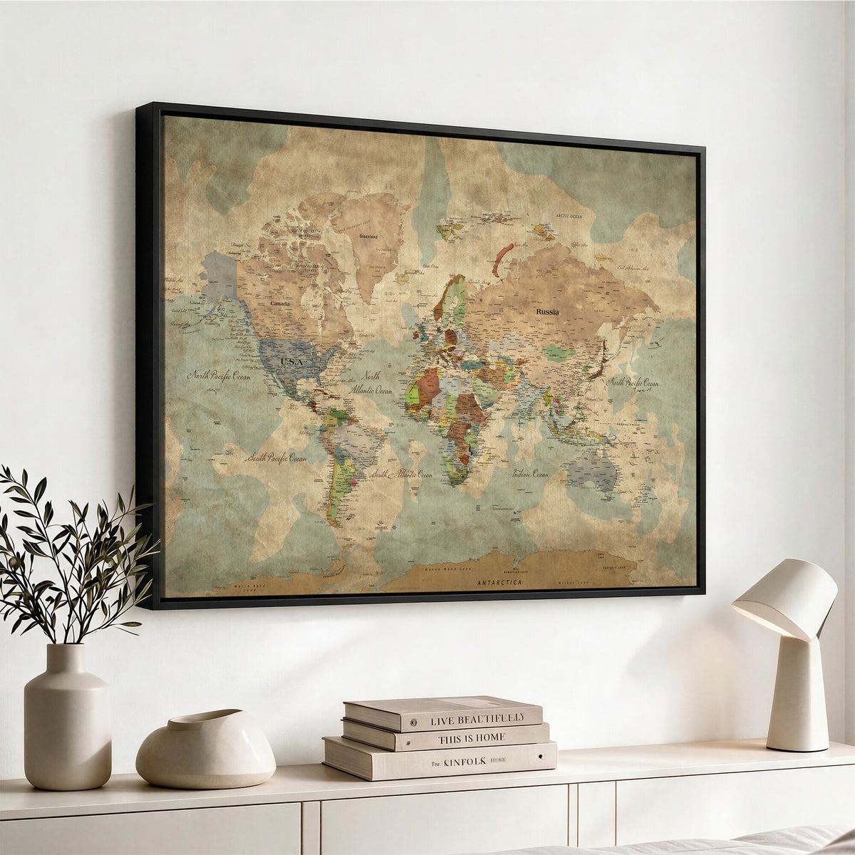 20795898D-MGV-CV-36X24 - Custom Push Pin World Map Wall Art Canvas Print – Personalized Travel Tracker with Pins Framed Large for Home and Office Decor