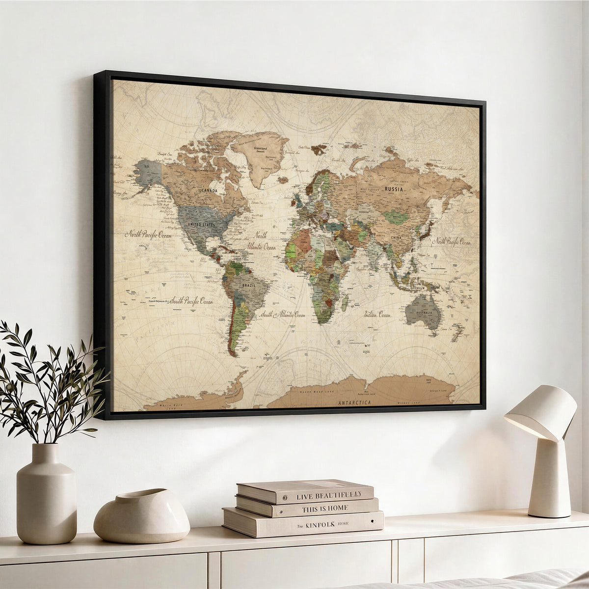 32749414D-MGV-CV-36X24 - Custom Push Pin World Map Wall Art Canvas Print – Personalized Travel Tracker with Pins Framed Large for Home and Office Decor