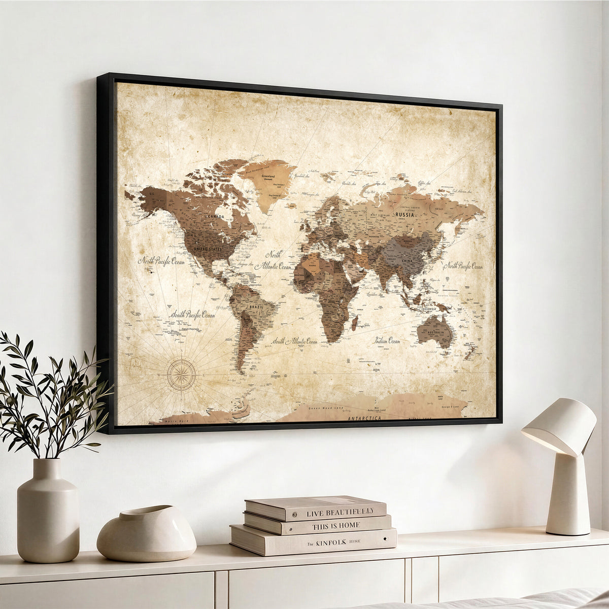 69154703D-MGV-CV-36X24 - Custom Push Pin World Map Wall Art Canvas Print – Personalized Travel Tracker with Pins Framed Large for Home and Office Decor