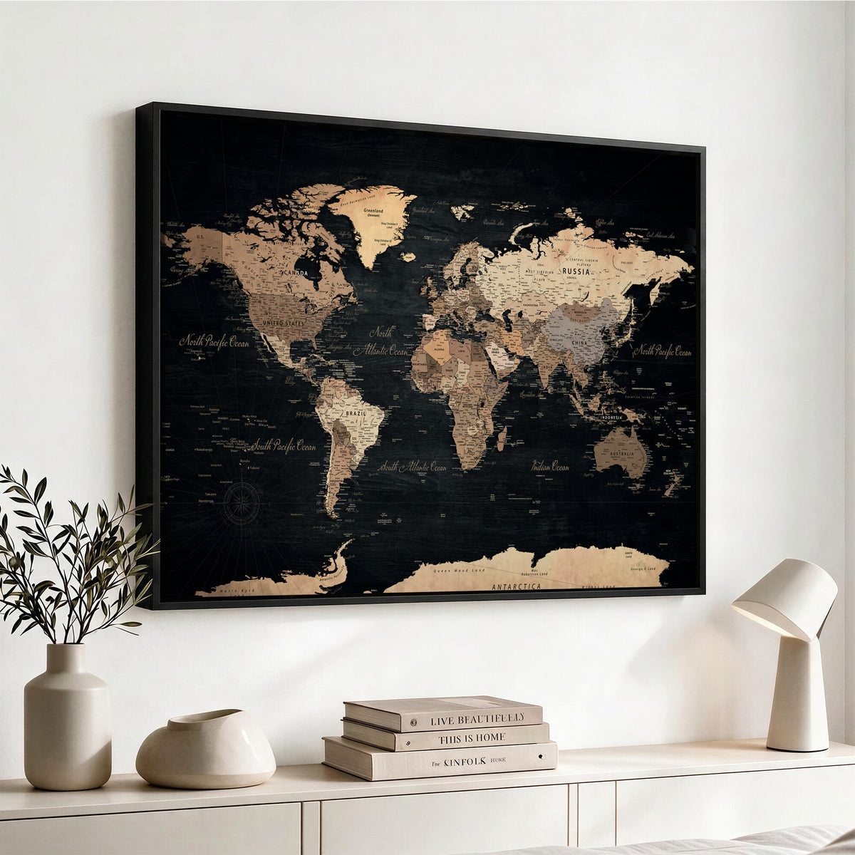 55335455D-MGV-CV-36X24 - Custom Push Pin World Map Wall Art Canvas Print – Personalized Travel Tracker with Pins Framed Large for Home and Office Decor