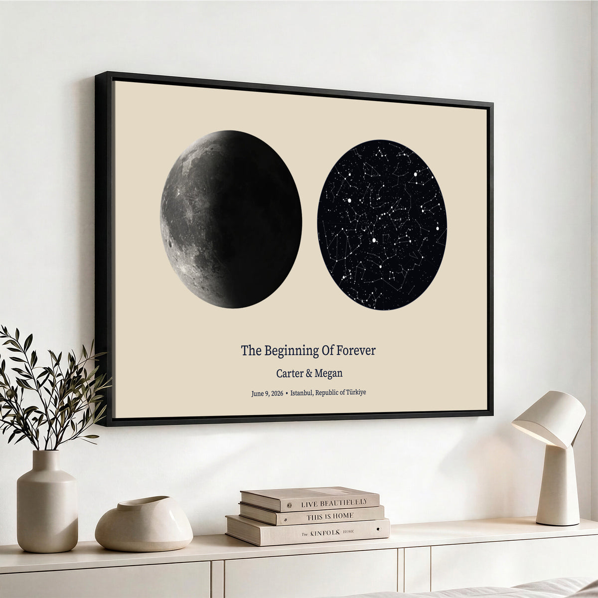 CSTM914LIRIKD-MGV-CV-36X24 - Moon and Stars Canvas Print – Personalized Moon Phase and Star Map Wall Art