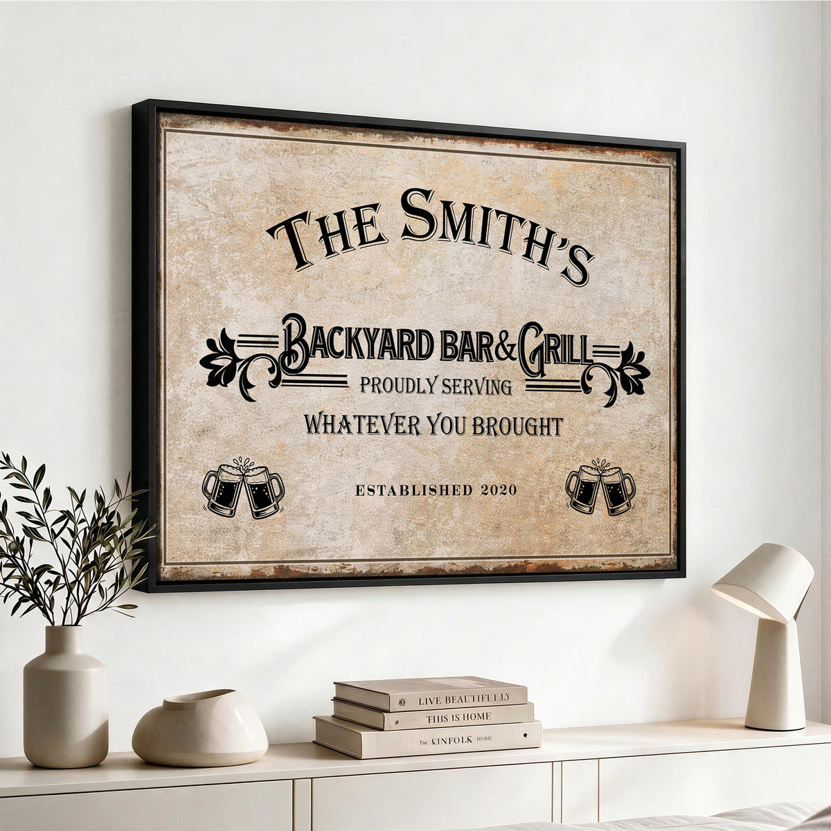 Custom Backyard Bar & Grill Sign, Personalized Family Name Arch Canvas